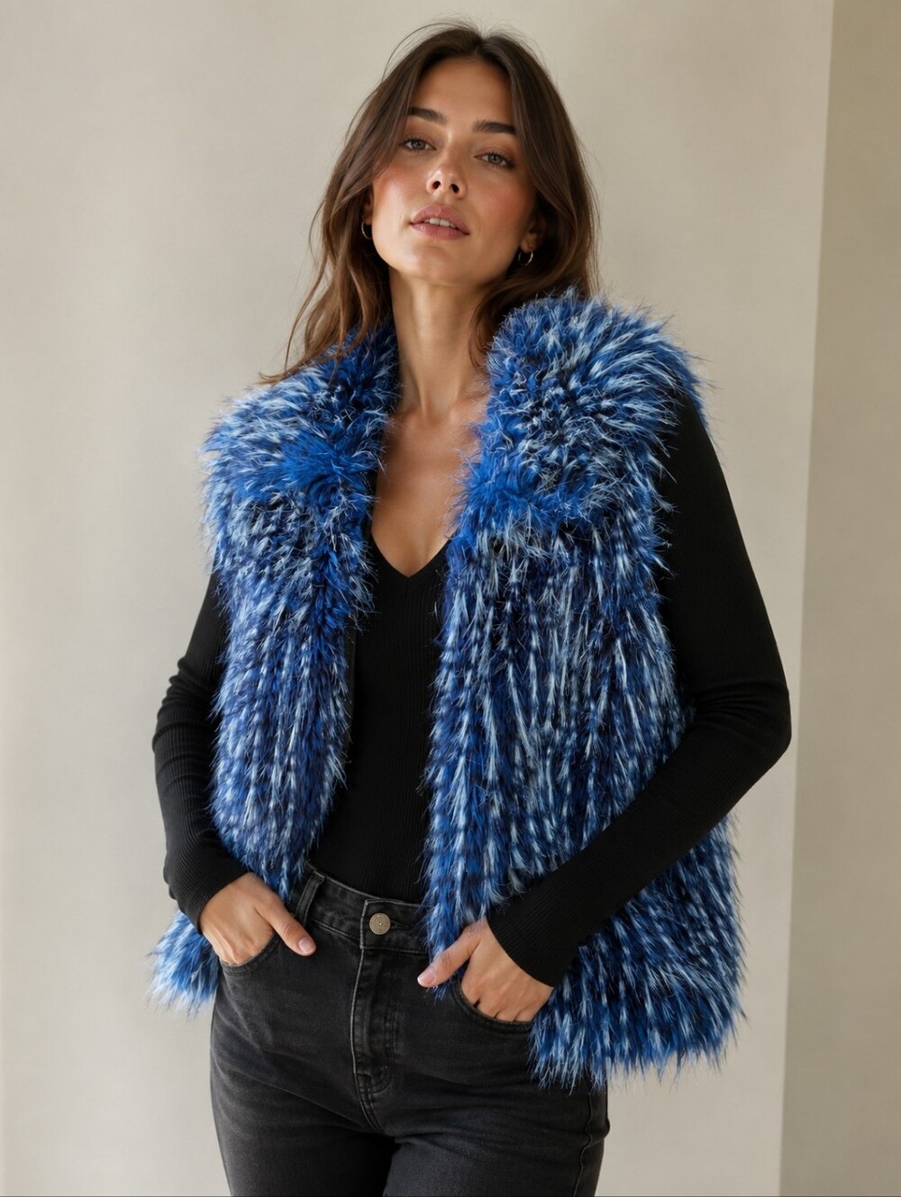 Vintage Painted Pony Navy and White Faux Fur Vest